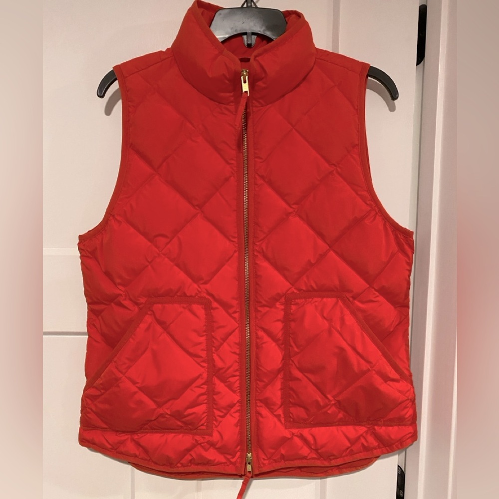 J. Crew bright red down vest, size medium.